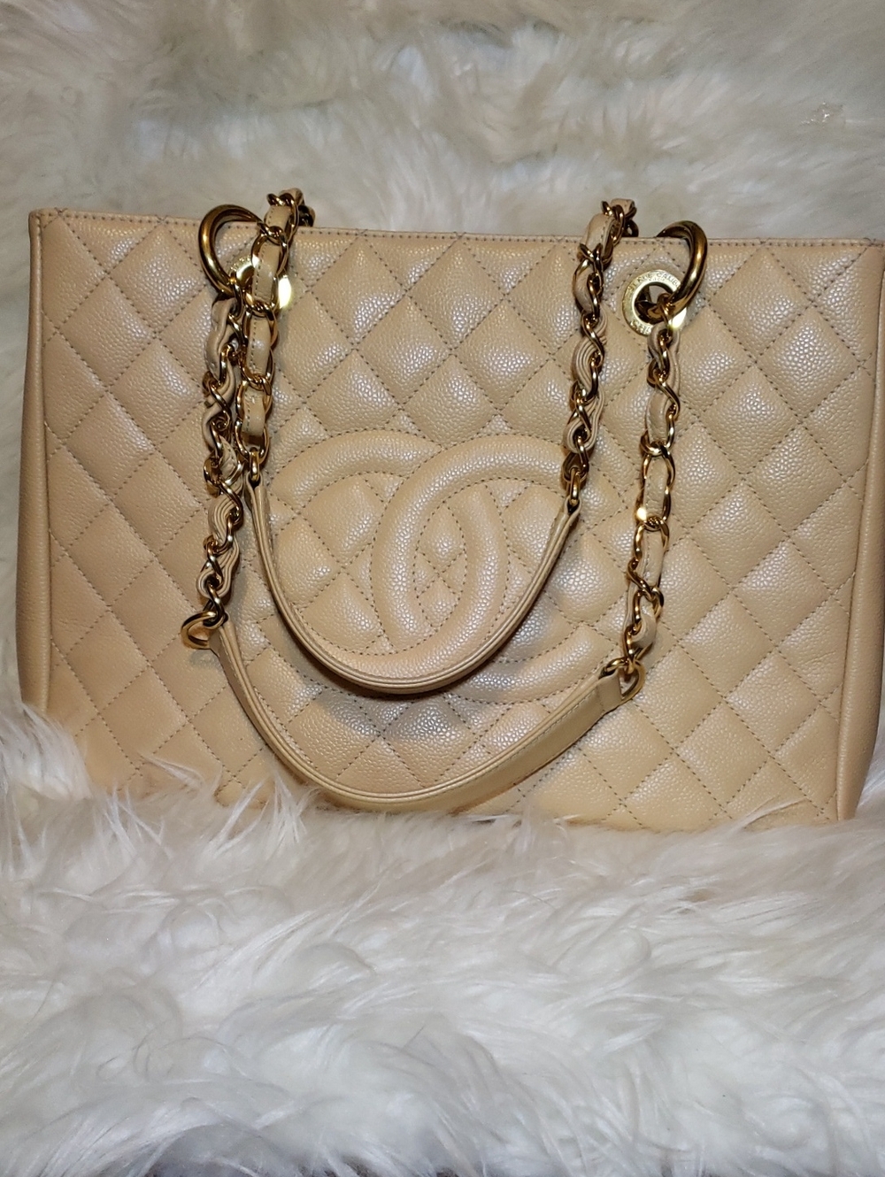 CHANEL Beige Quilted Leather Tote with Gold Chain Handles